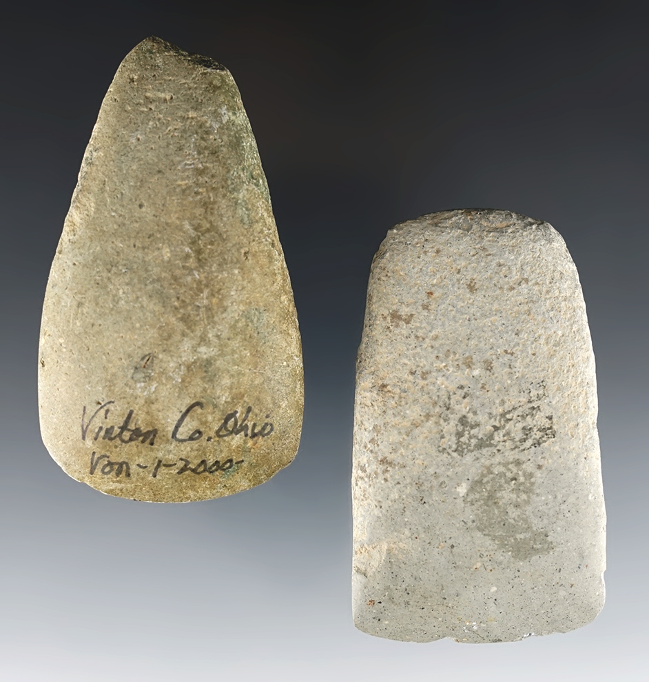 Pair of well patinated Celts found in Ohio and Kentucky. Larger is 3 1/4".
