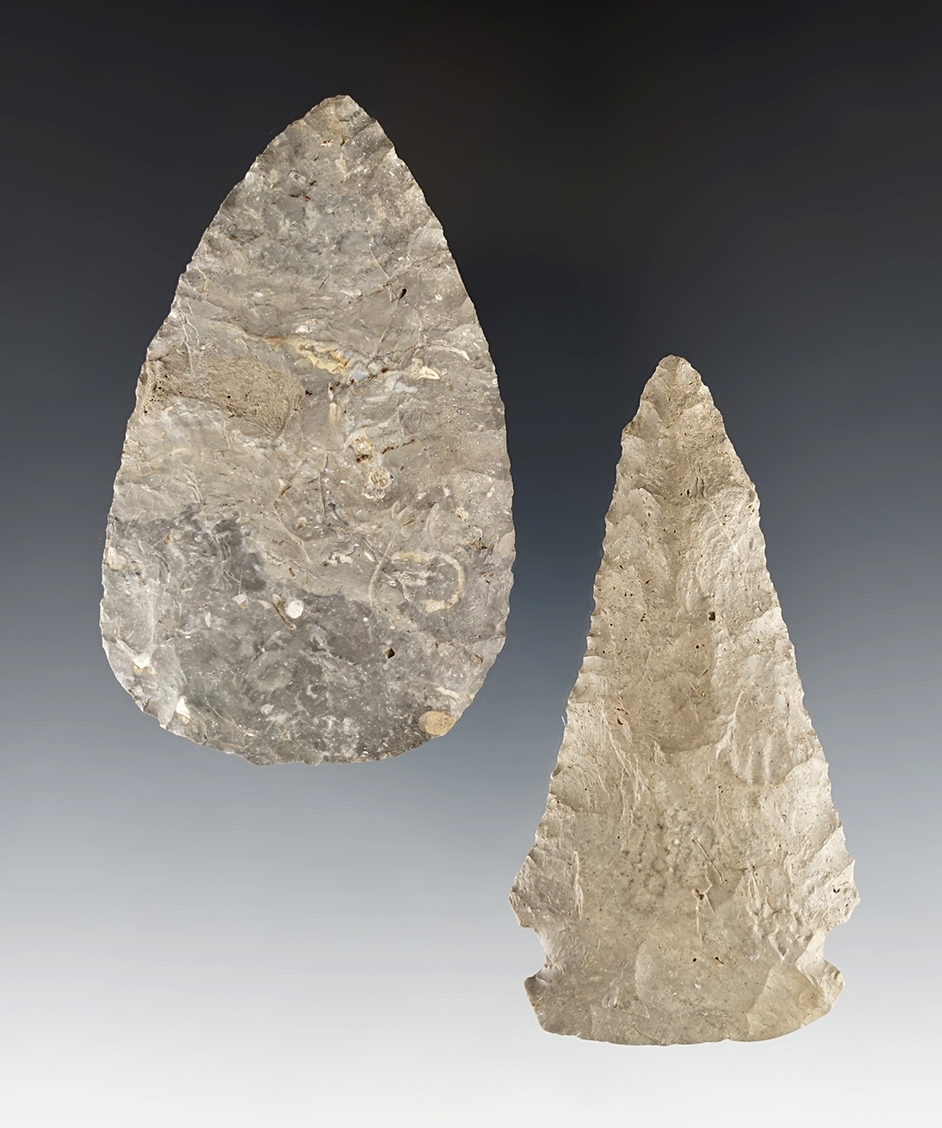 Pair including a 3 3/8" Meadowood found in Michigan. Also a 3 1/4" Ohio Adena Blade.