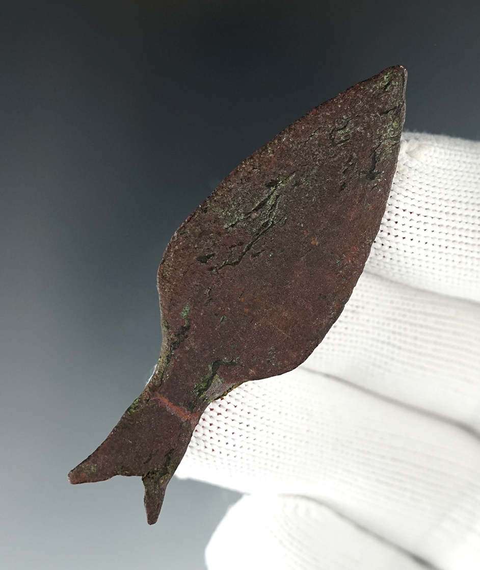 Well patinated 2 5/8" rare Copper point with a "forked" base - Mackinac Co., Michigan.