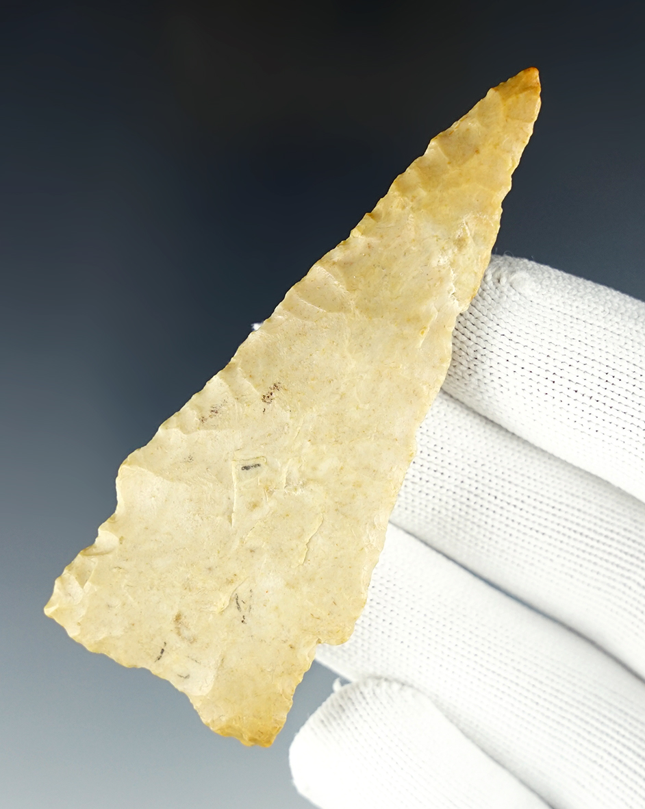 3 5/16" Scottsbluff made from Fossil Chert. Found in Missouri. Ex. Shewey, Bogle. COA's.