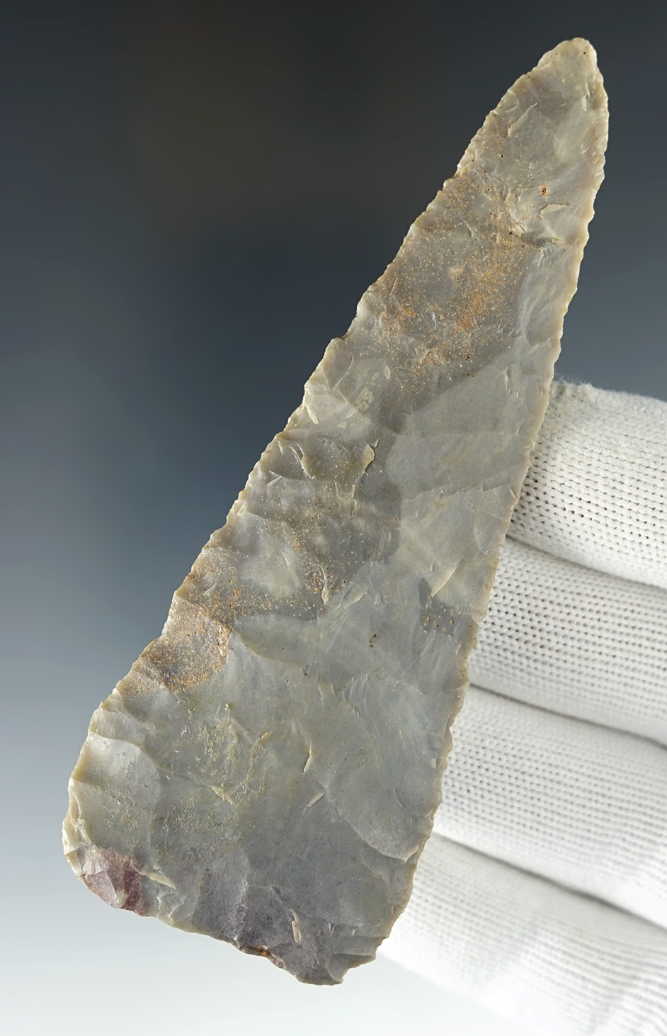 4 3/8" Early Stanfield Knife made from Hornstone. Found in Harrison Co., Indiana. Dickey COA.