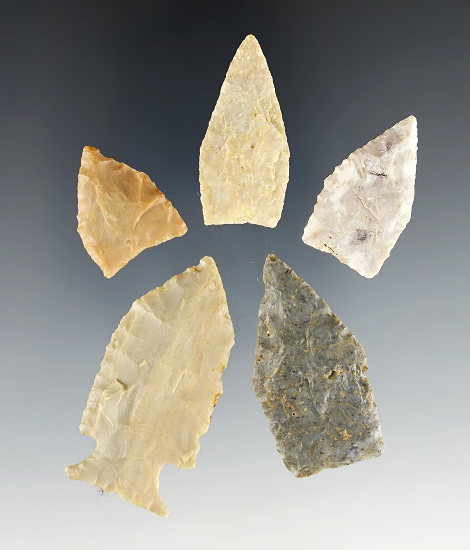 Set of 5 points found in Clark Co., Kentucky by Charlie Long. Includes a 1 7/8" Jacks Reef.