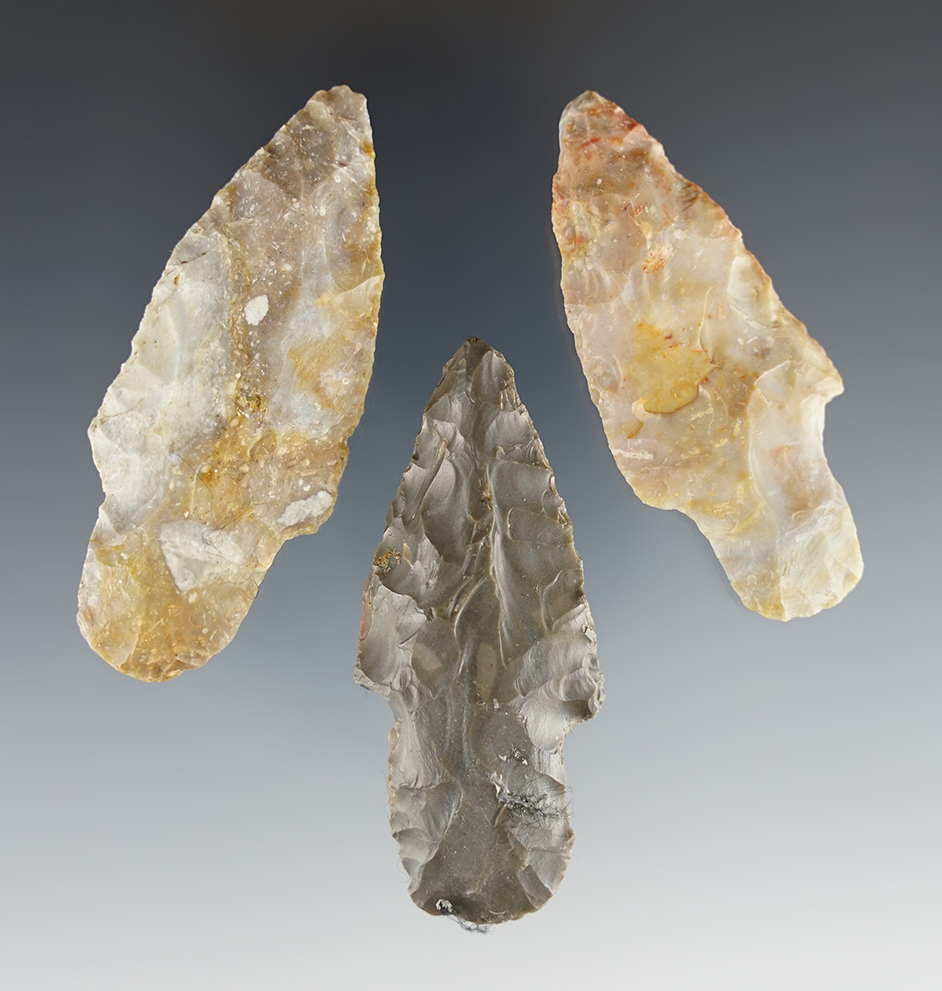 Set of three nice Adena points found in Clark Co., Kentucky. Ex. Charlie Long. Largest is 2 5/8".