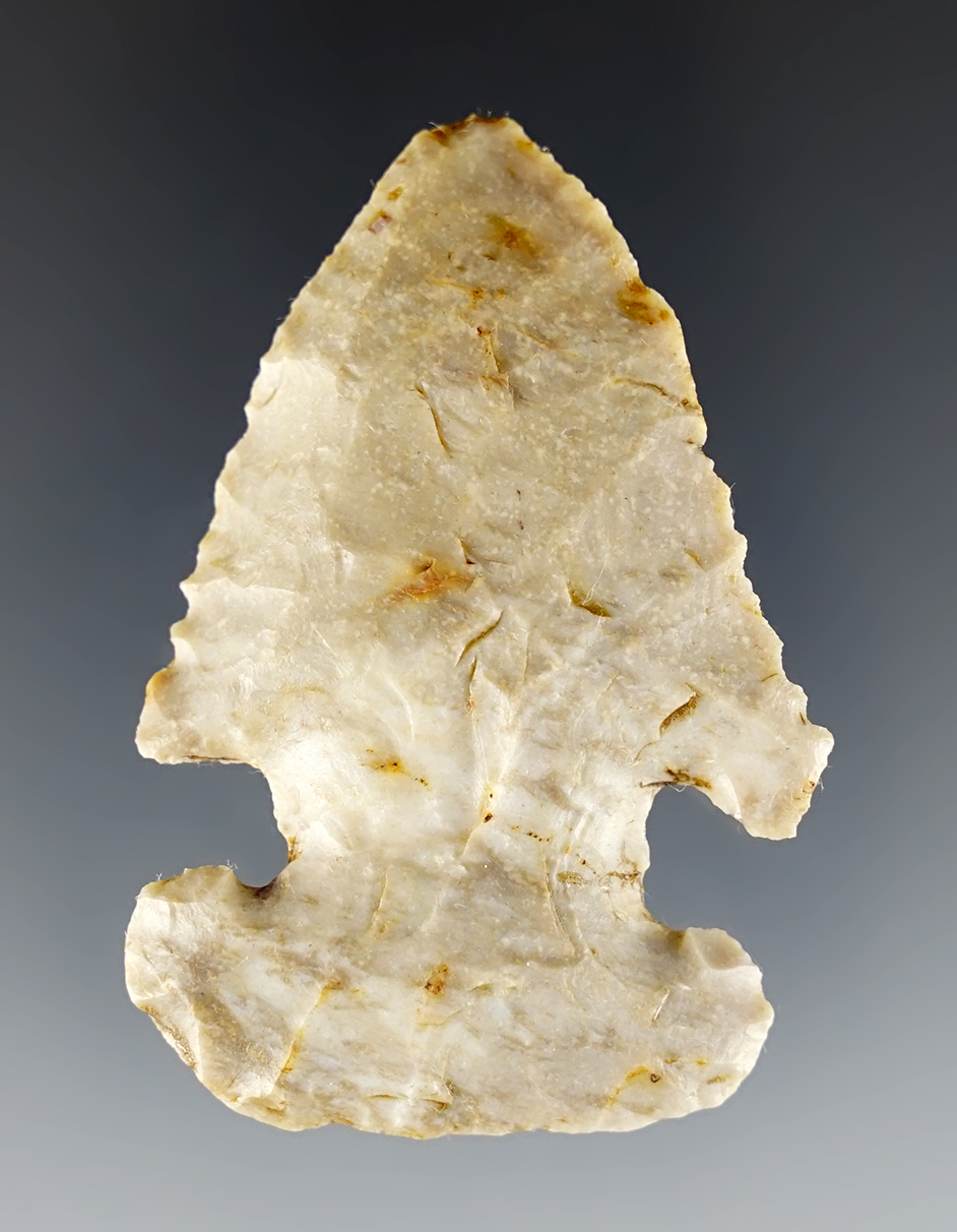2 1/4" Thebes E-Notch made from Flint Ridge Flint. Found in Forest, Ohio. Ex. Koehler.