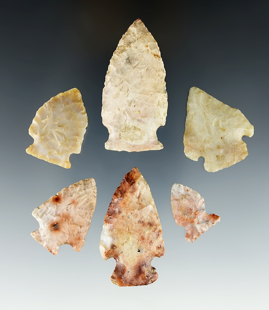 Set of 6 Flint Ridge points found in Ohio. Some great color in this group! The largest is 2 3/16".