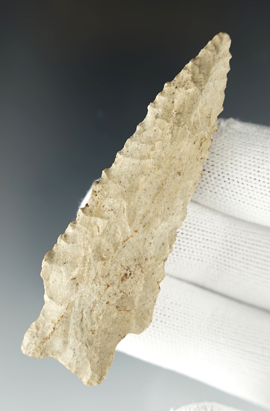 Serrated 3 1/16" Heavy Duty made from patinated Four Mile Creek Chert. Darke Co., Ohio.