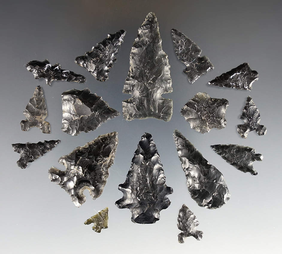 Set of 16 Obsidian points found in the Western U.S. The largest is 1 3/4".