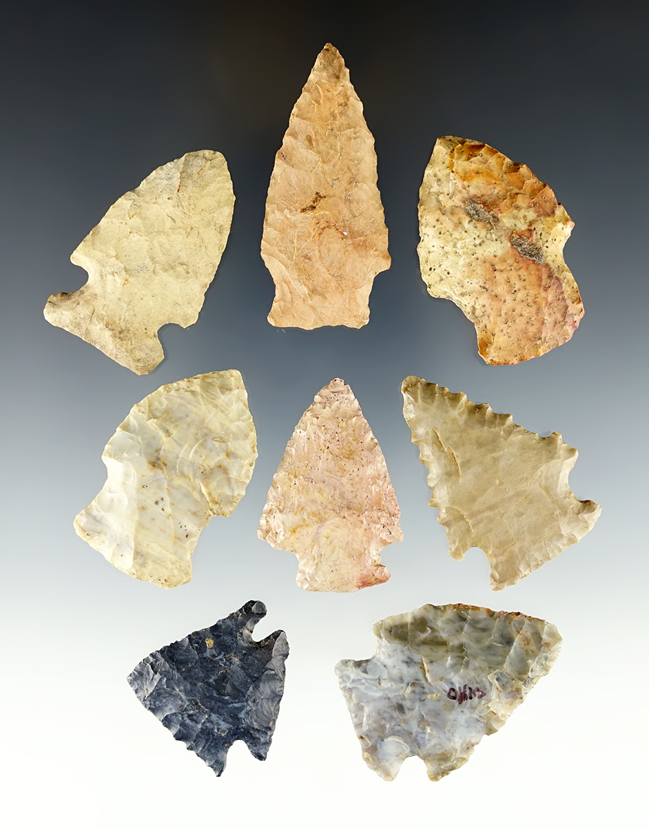 Set of 8 assorted Ohio points in good condition. The largest is 2 3/16".