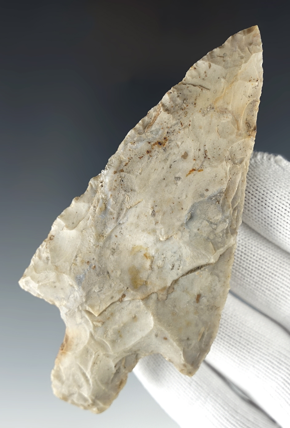 Large 4 1/4" Ohio Adena Knife made from Flint Ridge Flint with mineral deposits on surface.