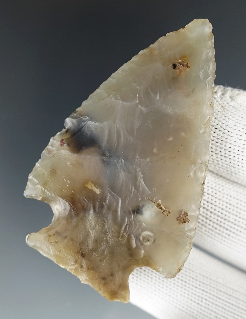 2 1/2" highly translucent Hopewell made from rare Flint Ridge Moss Agate. Licking Co., Ohio.