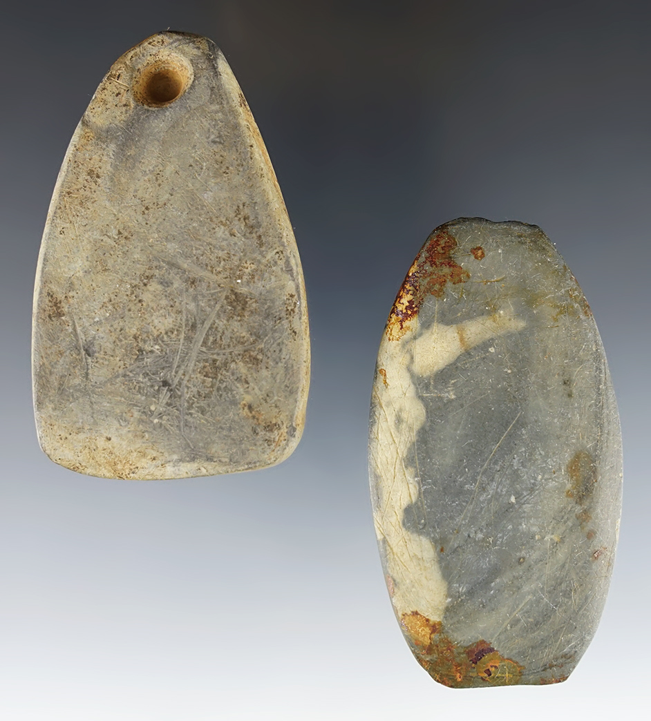 Pair of Ohio Slate Pendants. One is partially drilled and the other is undrilled. The larger is 3".