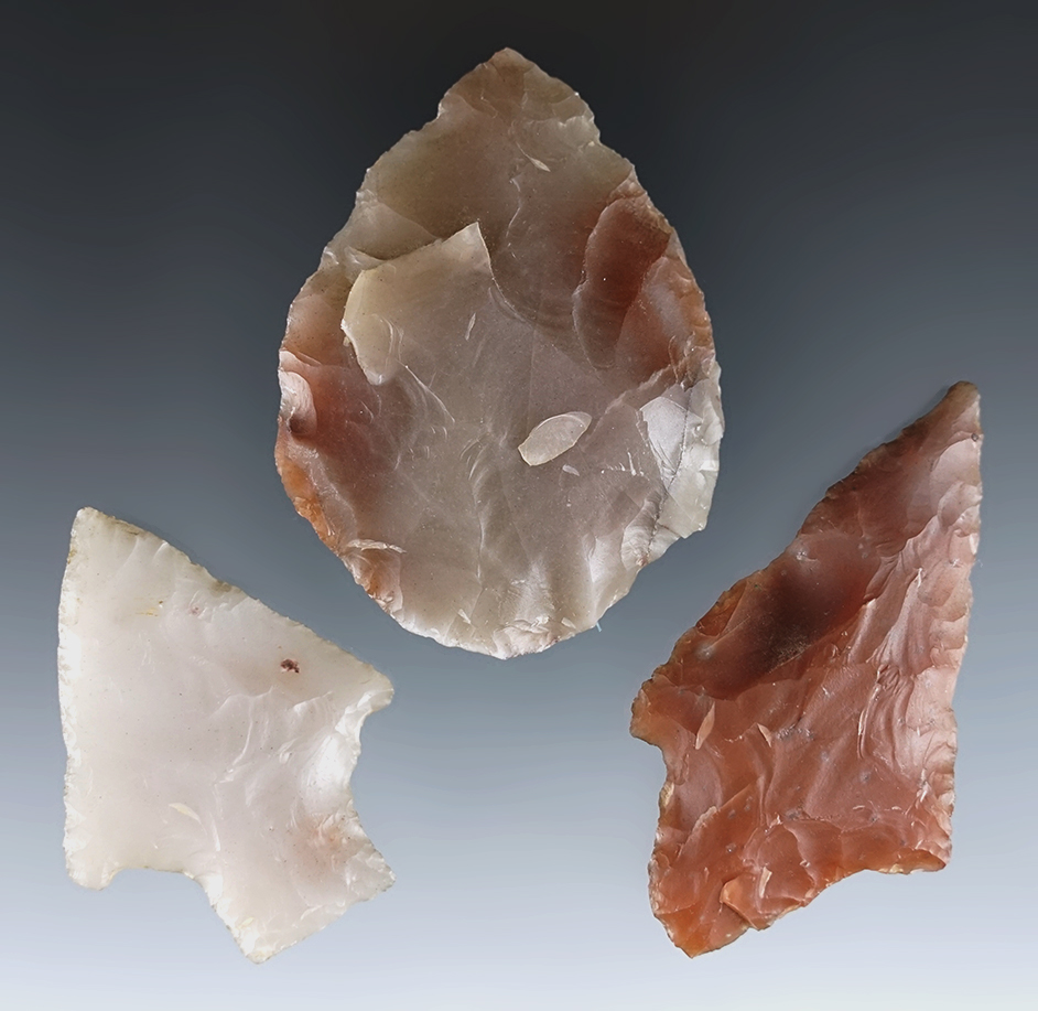 Set of 3 points found in the Arkansas area. All are made from Novaculite. The largest is 2 1/2".