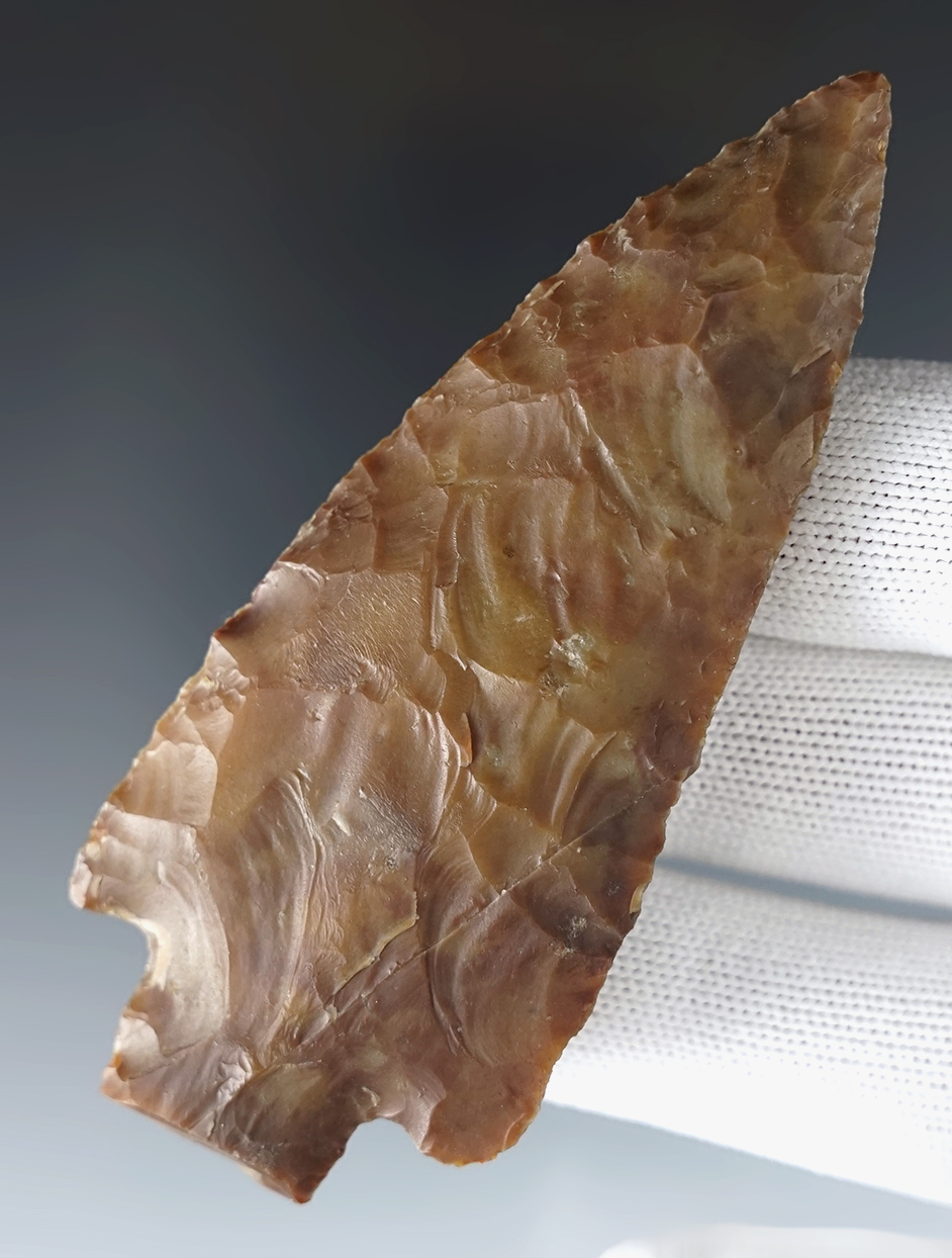 3 9/16" Flint Ridge Archaic point with a snapped base. Found in Miami Co., Ohio.