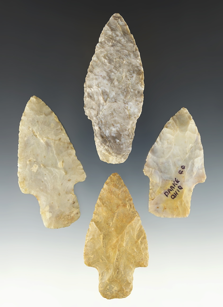Set of 4 nice Ohio Adena points found in Knox and Darke Co. The largest is 3 5/16".