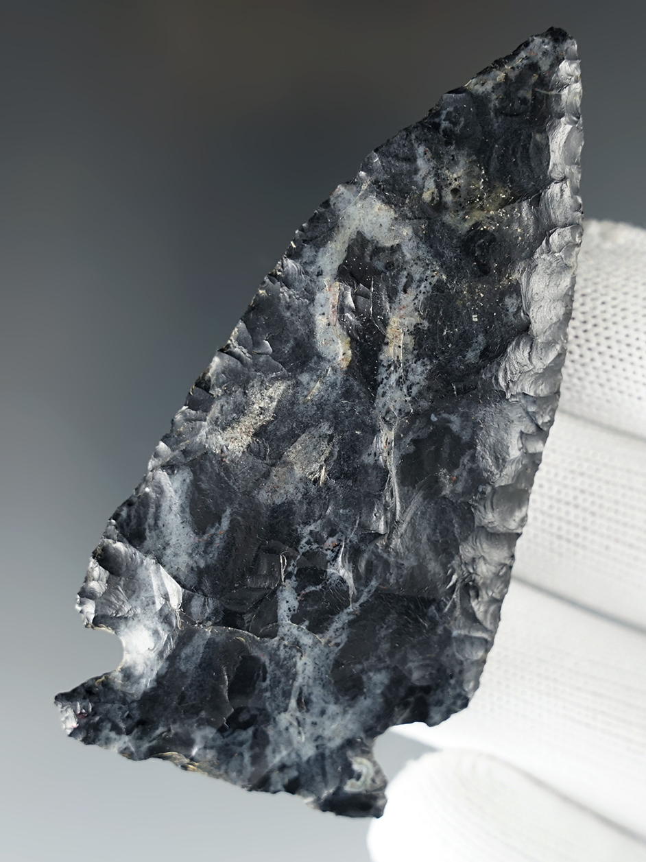 3 3/16" Archaic Cornernotch made from high-grade mottled Coshocton Flint. Found in Ohio.