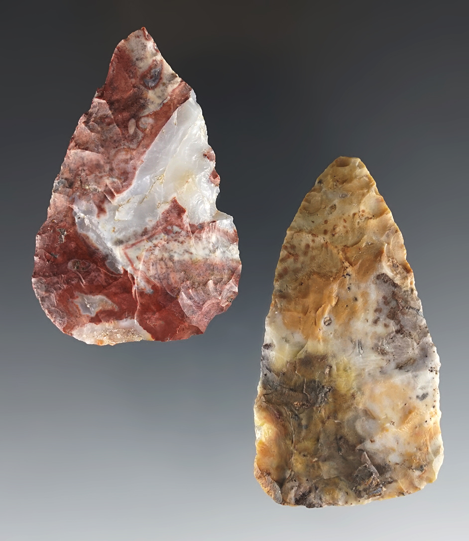 Pair of highly colorful Flint Ridge Flint Blades found in Licking Co., Ohio. The larger is 2 1/2".