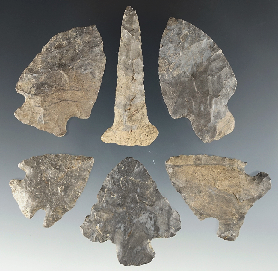 Set of 6 assorted points made from Onondaga Flint. Found in Chautauqua Co., New York.