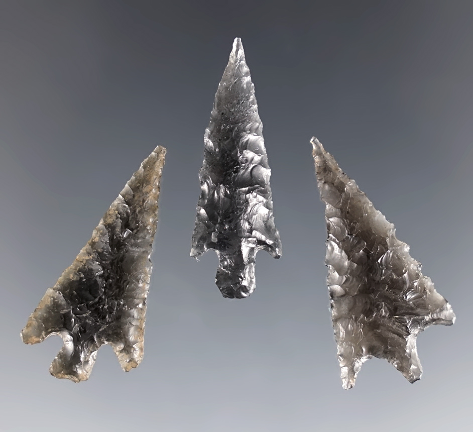 Set of 3 assorted Obsidian arrowheads found near Fern Ridge, Lane Co., Oregon.