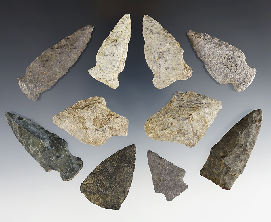 Set of 10 Pennsylvania points in good condition. The largest is 2 3/8".