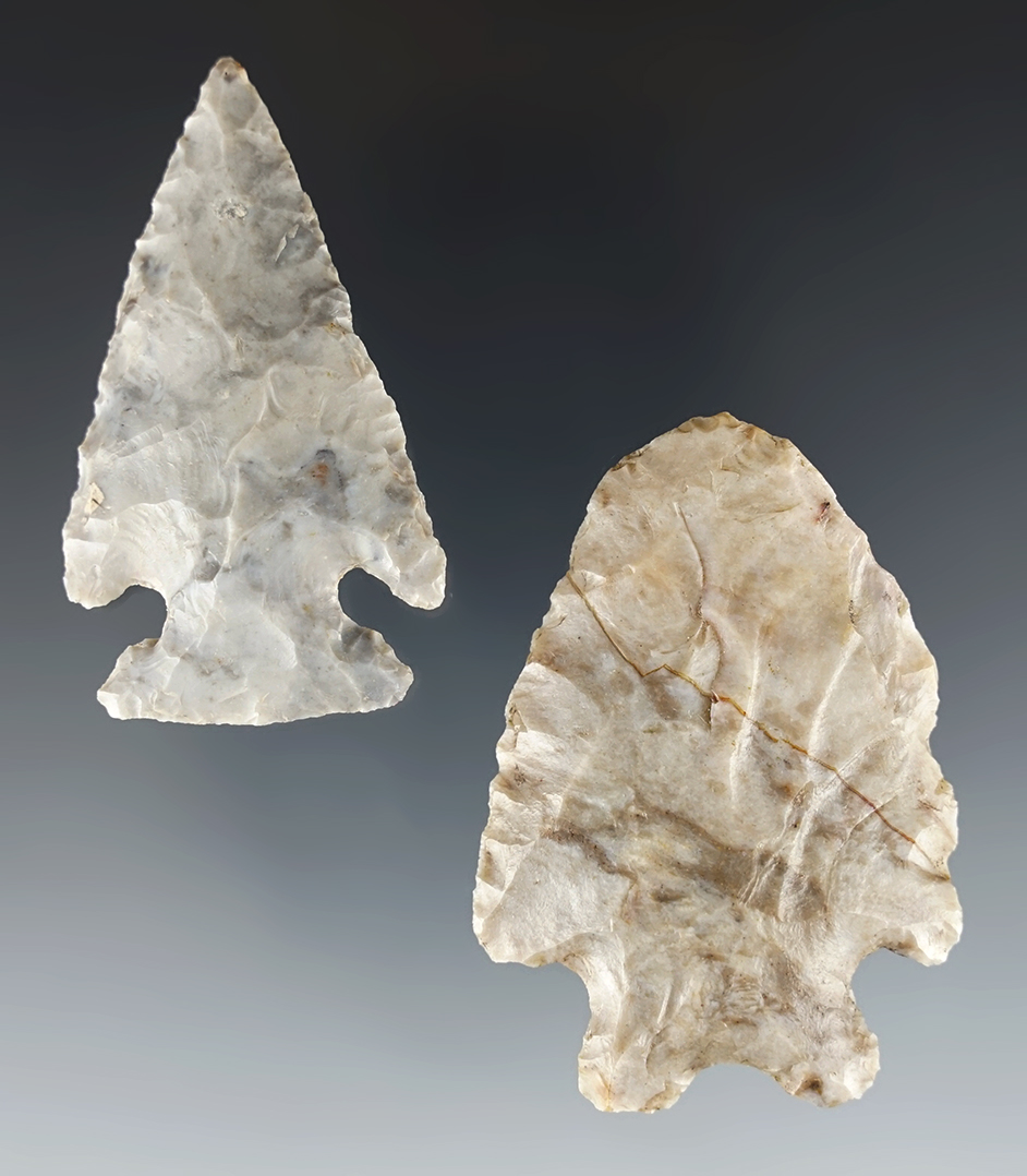 Pair of Delaware Co., Ohio points: Flint Ridge Bifurcate and a Flint Ridge Cornernotch.