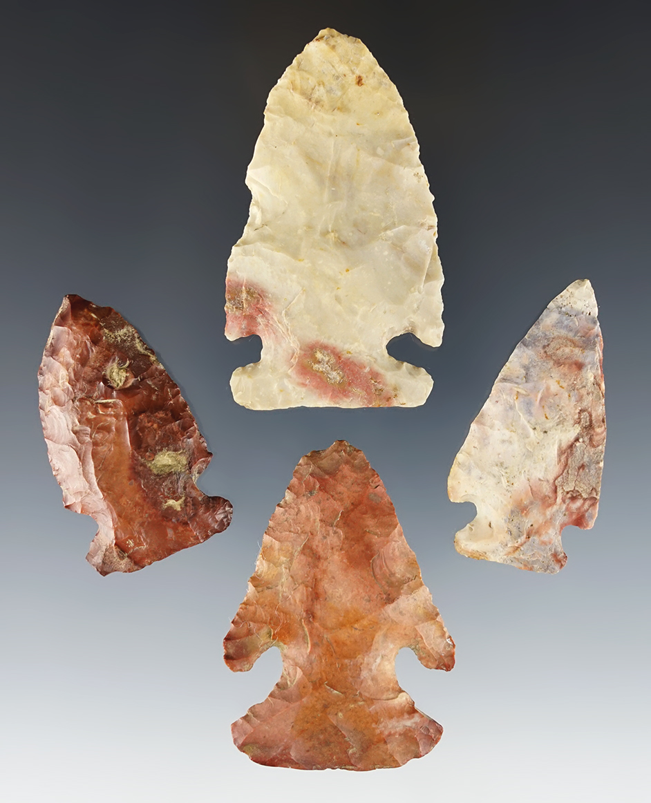 Set of 4 colorful Archaic points made from Flint Ridge Flint. A very nice group!