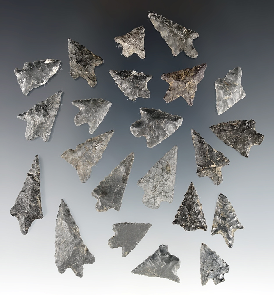 Group of 22 assorted arrow points made mostly from Basalt, Clackamas Co., Oregon.