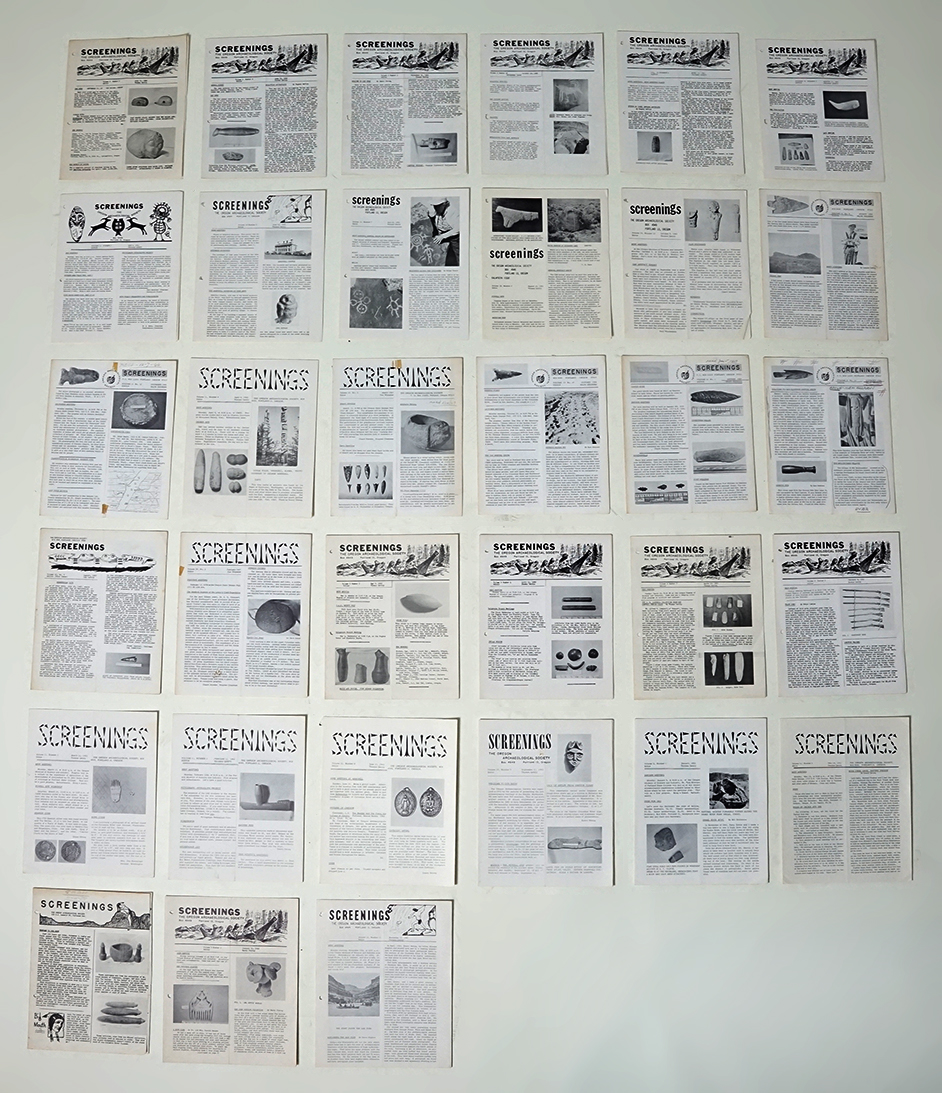 32 issues of the Oregon Archaeological Society Journal "Screenings" from the 1960s.