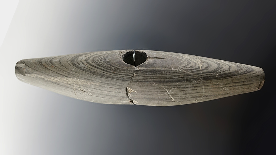6 1/8" Banded Slate Pick Bannerstone found in Delaware Co., Indiana. Broken & glued at hole.