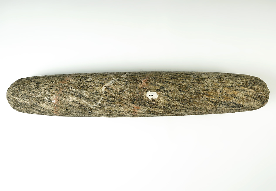 17" Roller Pestle found in Darke Co., Ohio in the late 1800's. Made from striped Granite/Gneiss.