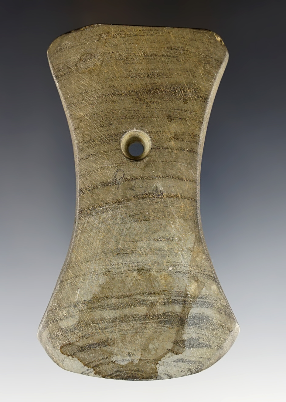 4 3/16" Adena Bi-Concave Pendant from green and black Banded Slate. Westerville, Ohio. COA.