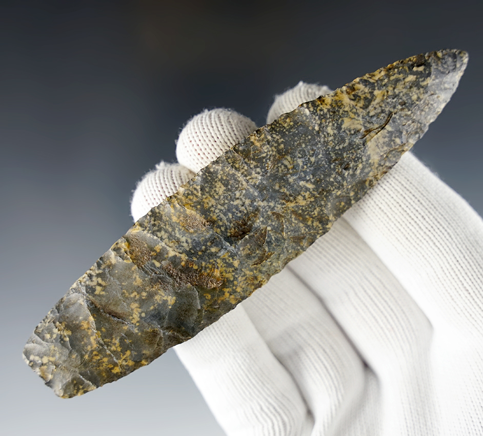 4 11/16" Paleo Lanceolate made of Coshocton Flint. Found in Tuscarawas Co., Ohio.