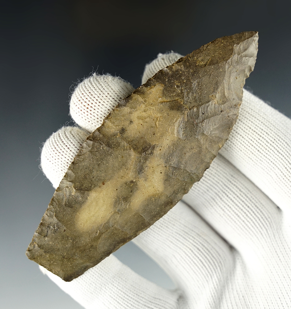 Nice form on this 3 7/8" Paleo Lanceolate found in Darke Co., Ohio. Ex. Scott Yerkes.