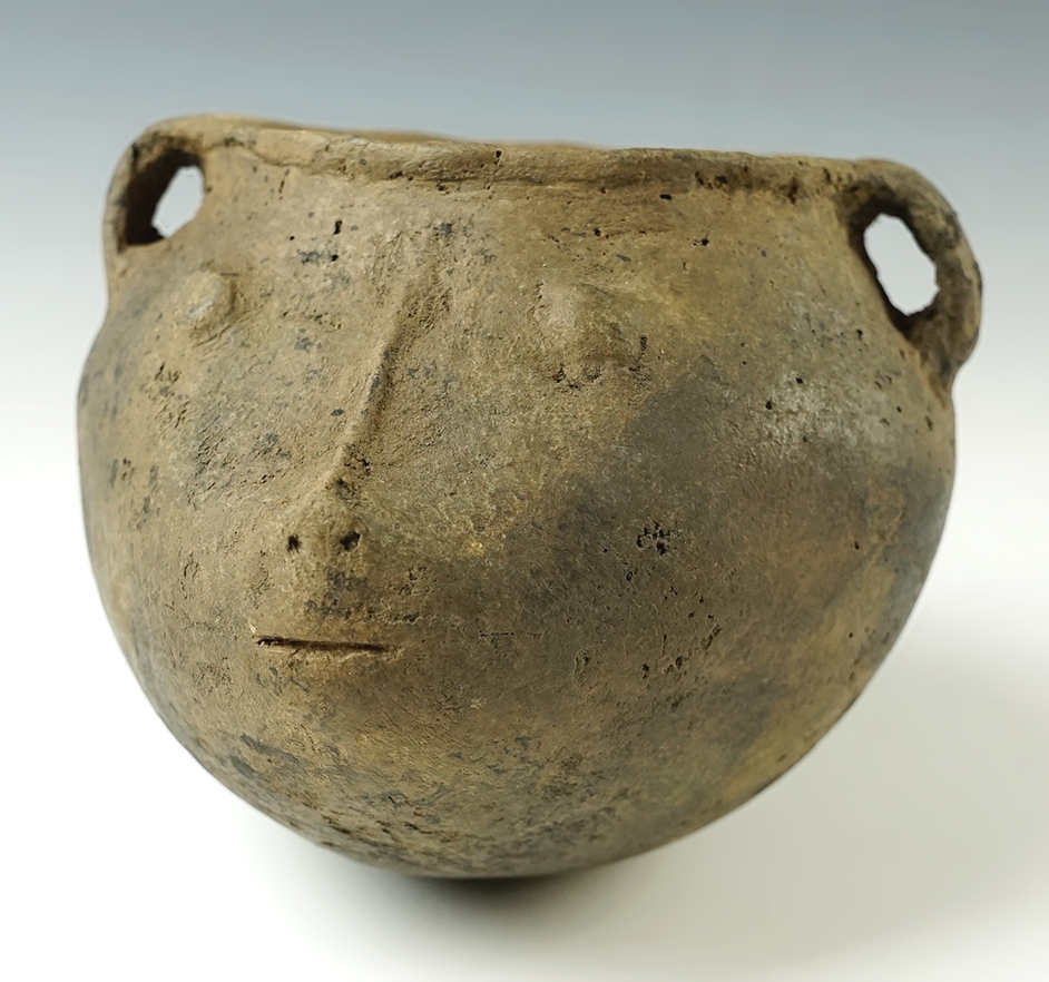 6" wide x 4 1/8" tall Mississippian Bear Effigy Jar with two strap handles. Lee Co., Arkansas.