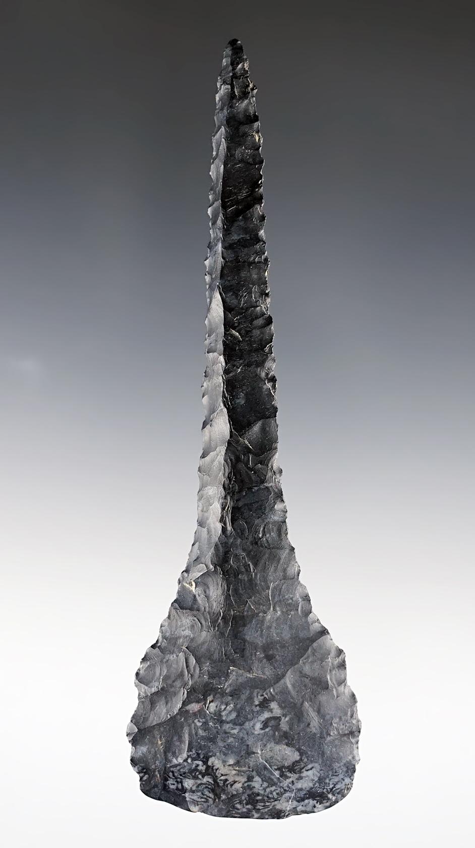 5 1/8" Expanded Base Archaic Drill. From mottled blue and black Coshocton Flint. Ohio.