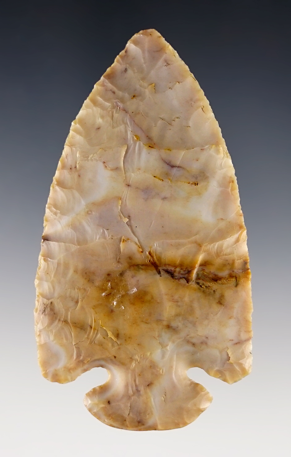 3 1/16" classic style Dovetail in excellent condition. Made from beautiful multi-colored Flint Ridge Flint. Found in Pickaway Co., Ohio. Pictured in the Jim Johnston Collection Book on page 35. Ex. Don Bapst.