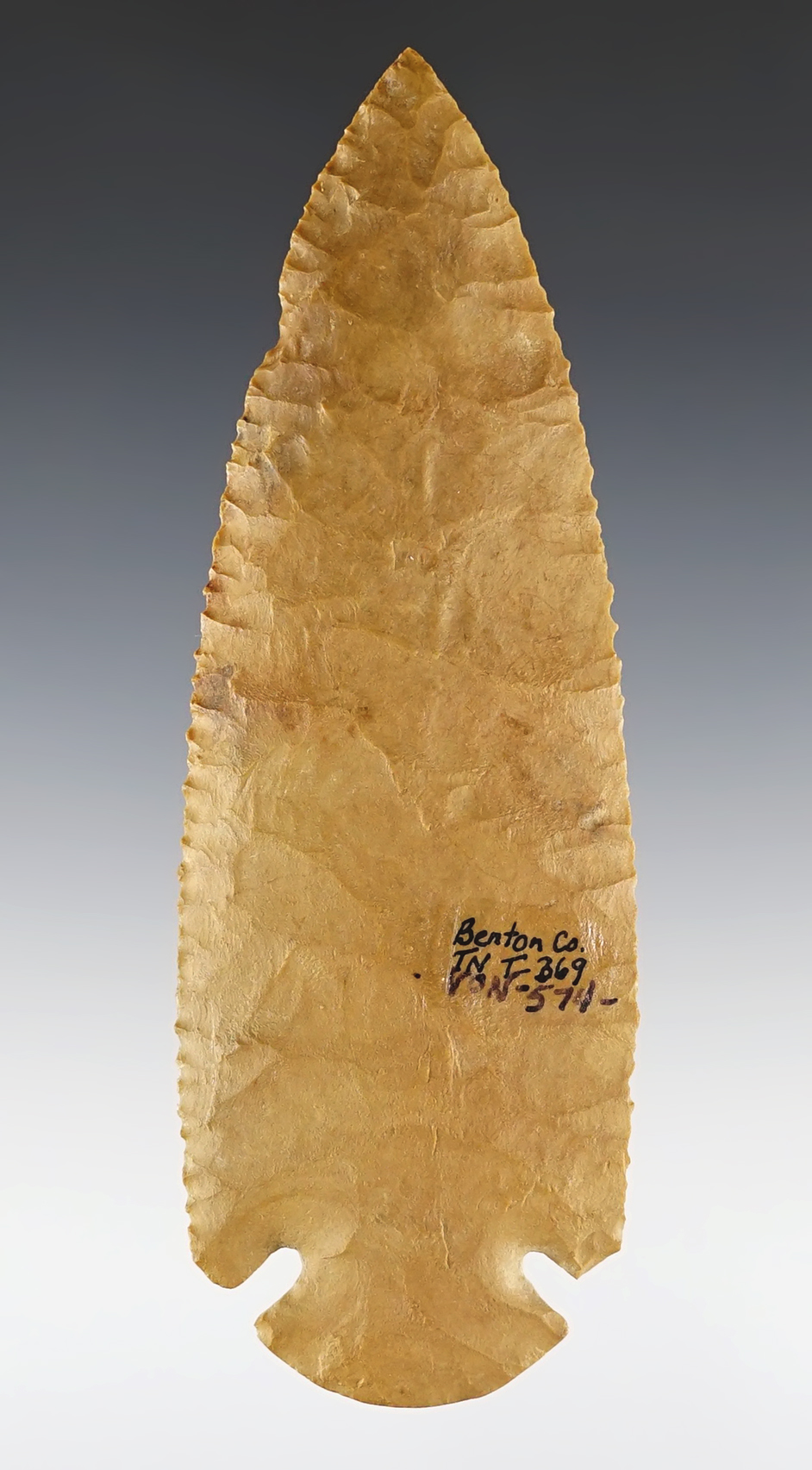 4 5/16" Dovetail made from patinated Hornstone. Found in Benton Co., Kentucky. COA.