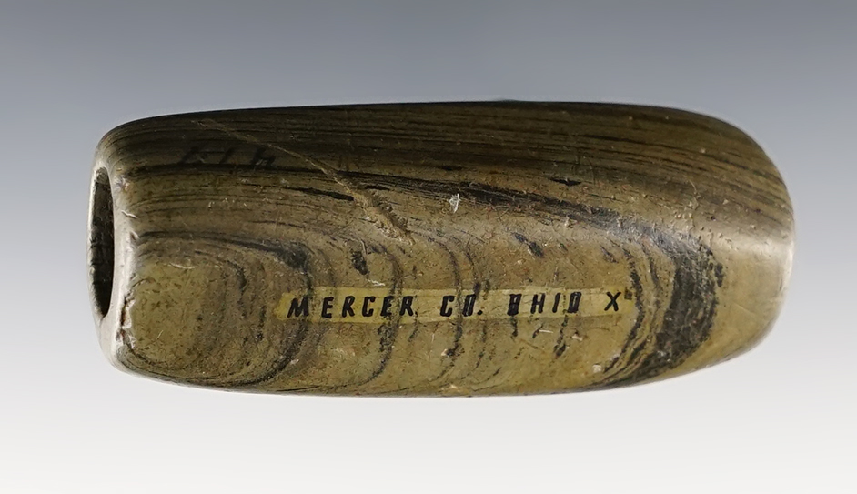 2 3/4" Square Tube Bannerstone made from Banded Glacial Slate. Mercer Co., Ohio. COA.