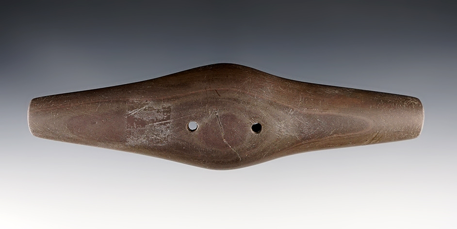 6" Expanded Center Gorget from red and brown Banded Slate. Found in Richland Co., Ohio.