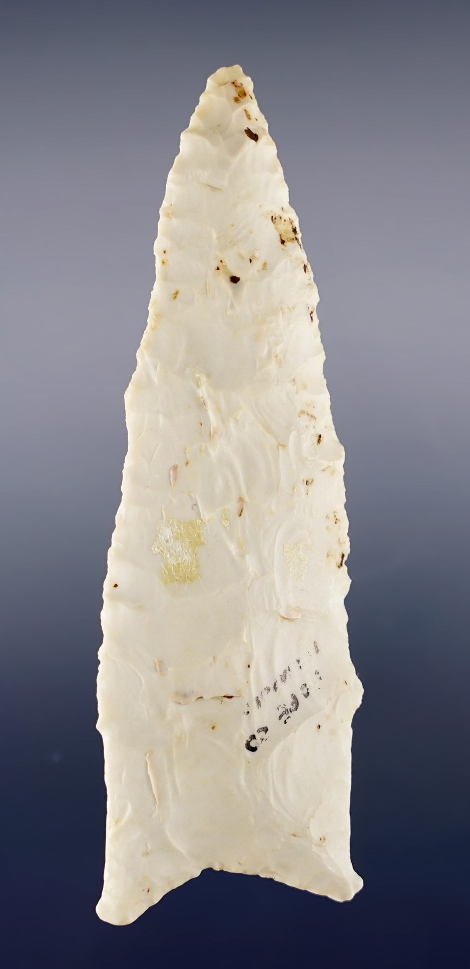 4 1/8" Holland made from patinated Burlington Chert. Found in Pope Co., Illinois. Ex. Perino.