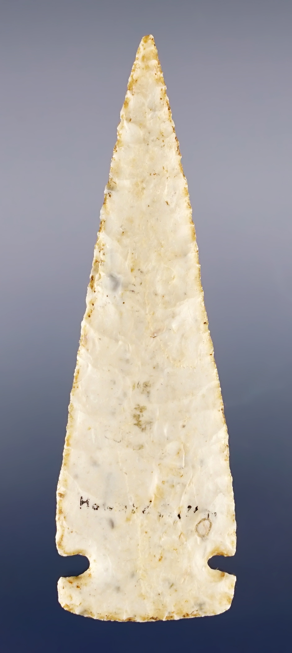 3 1/2" Howard County Point. Made from Burlington Chert. Found in Howard Co., Missouri. COA.