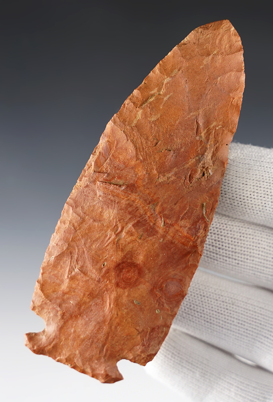 4 1/4" Benton crafted from red Jasper. Found in Daviess Co., Kentucky. Davis COA, G-10.