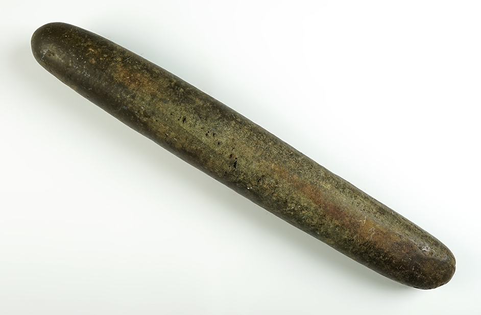 14 3/4" Roller Pestle made from heavily patinated Hardstone. Found in Floyd Co., Indiana.