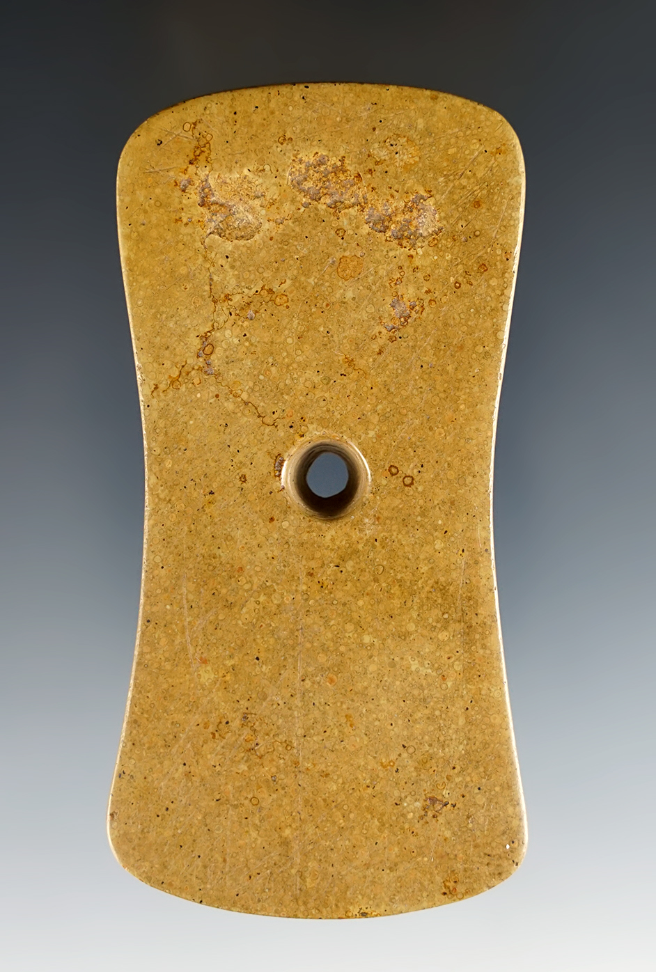 3 11/16" Biconcave Pendant made from Pipestone. Recovered in Pickaway Co., Ohio. Ex. Cain.