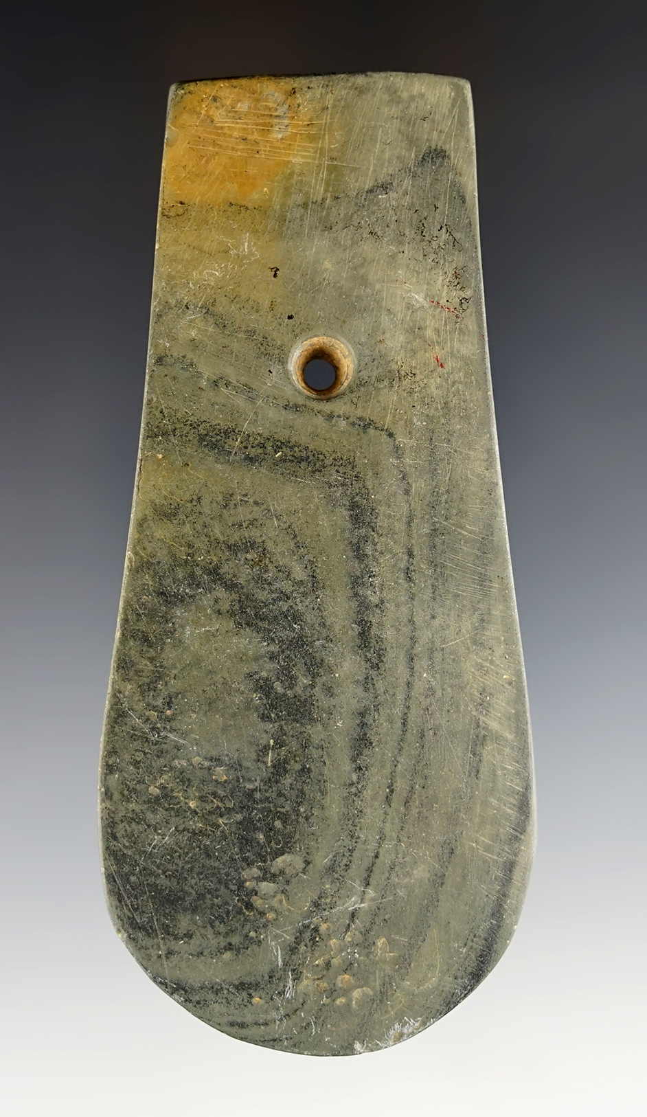 4 3/4" Keyhole Pendant recovered in Ross Co., Ohio. Made from banded Glacial Slate.
