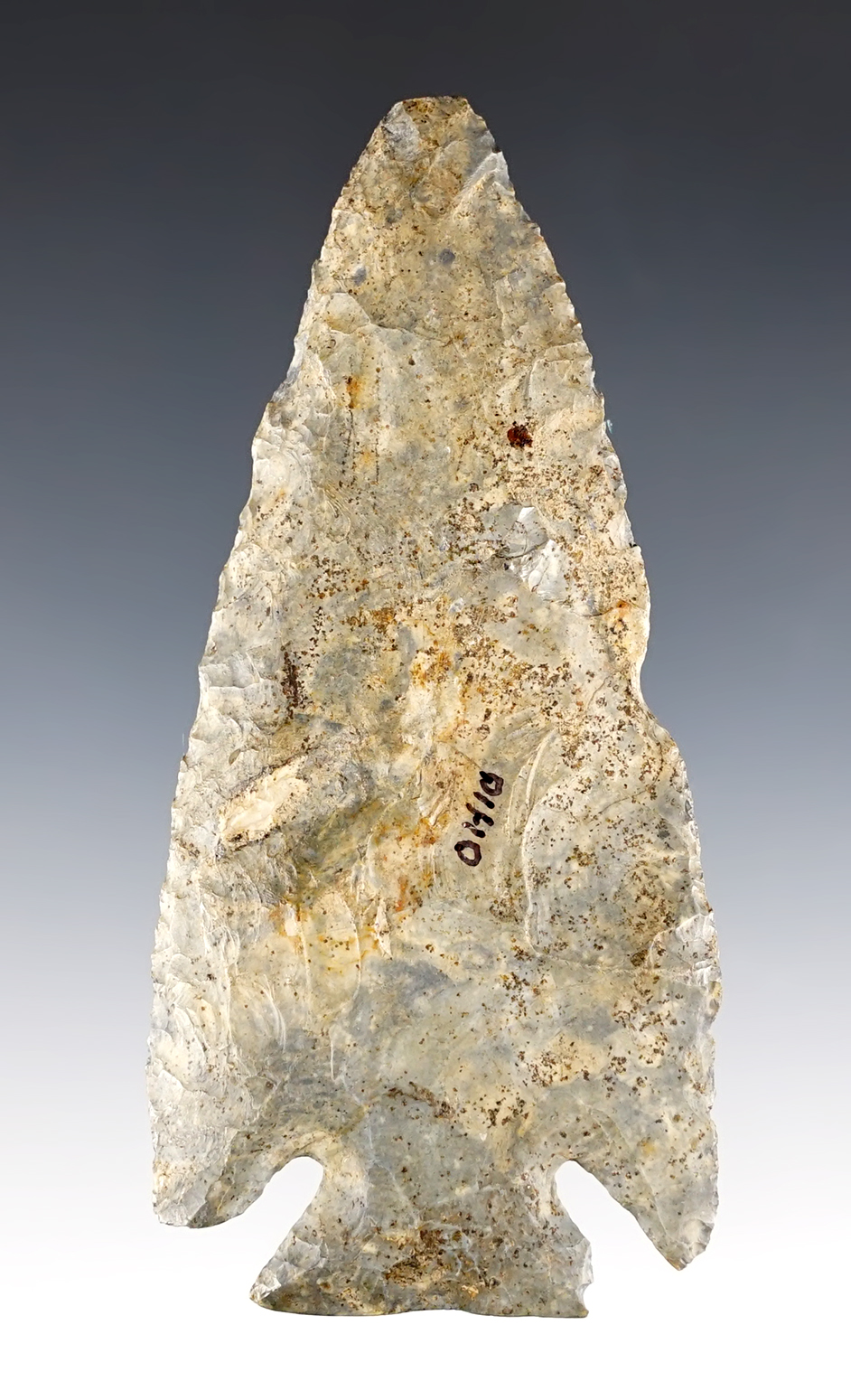 Nice 3 7/8" Archaic Ohio Diagonal Notch with a heavily ground base. Coshocton Flint.