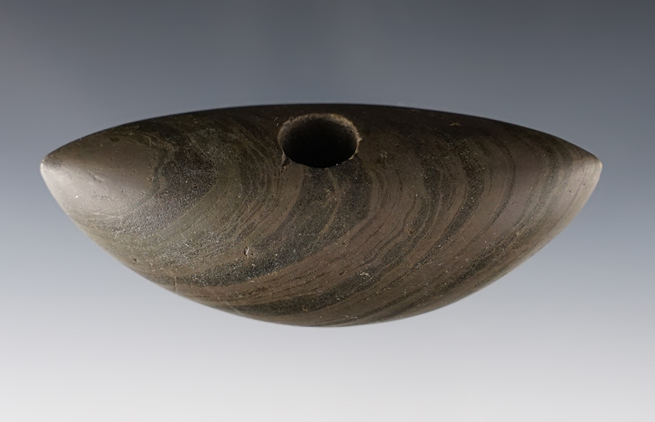3 5/8" Pick Bannerstone from green and black Banded Slate. Found in Obion Co., Tennessee.