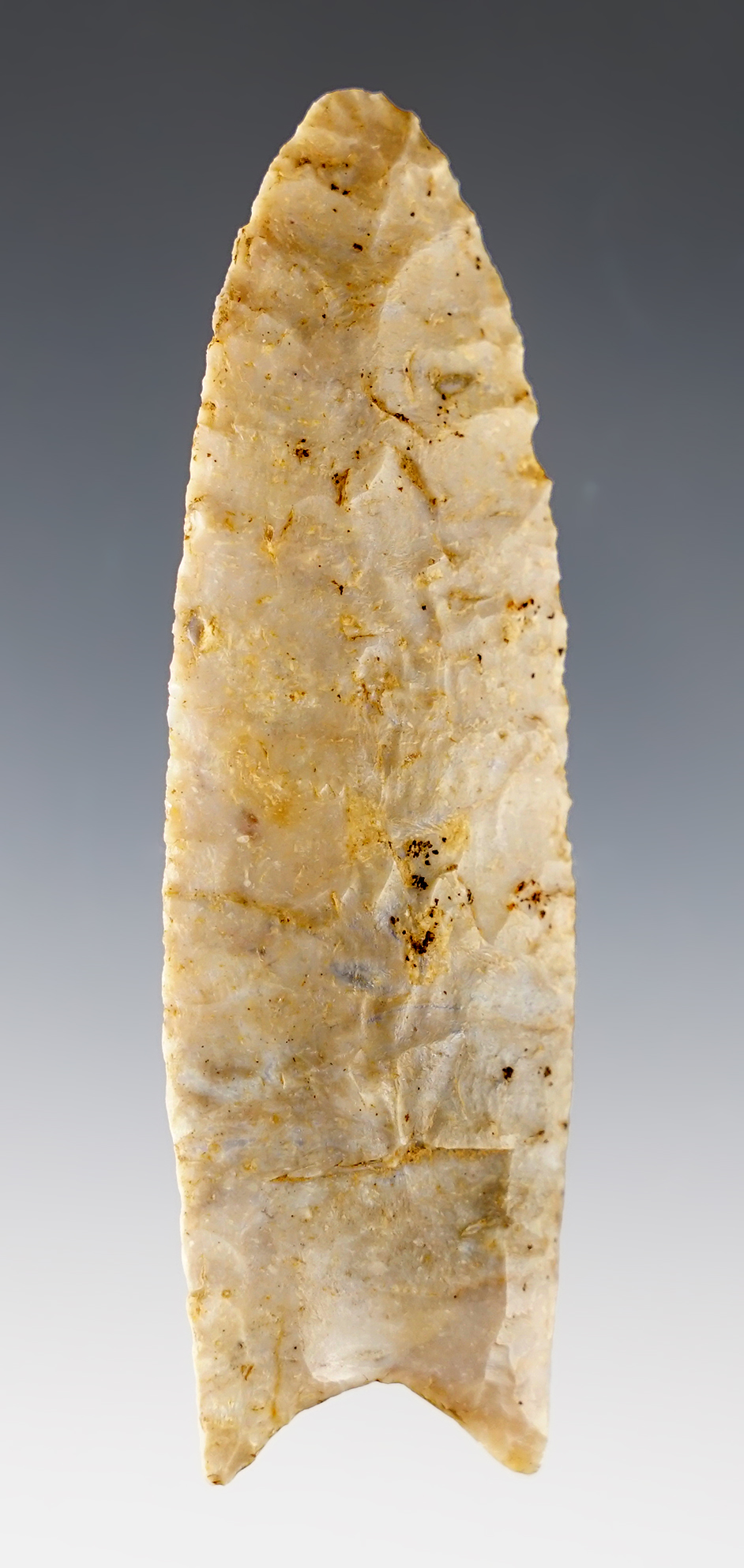 3 3/4" Paleo Fluted Clovis found in Jessamine Co., Kentucky. Made from Flint Ridge Flint.