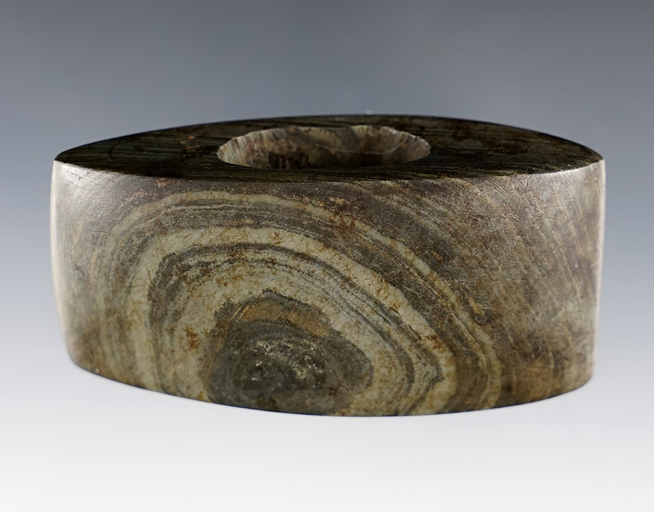 2 15/16" Panel Bannerstone made from green and black Banded Slate. Found in Ohio.