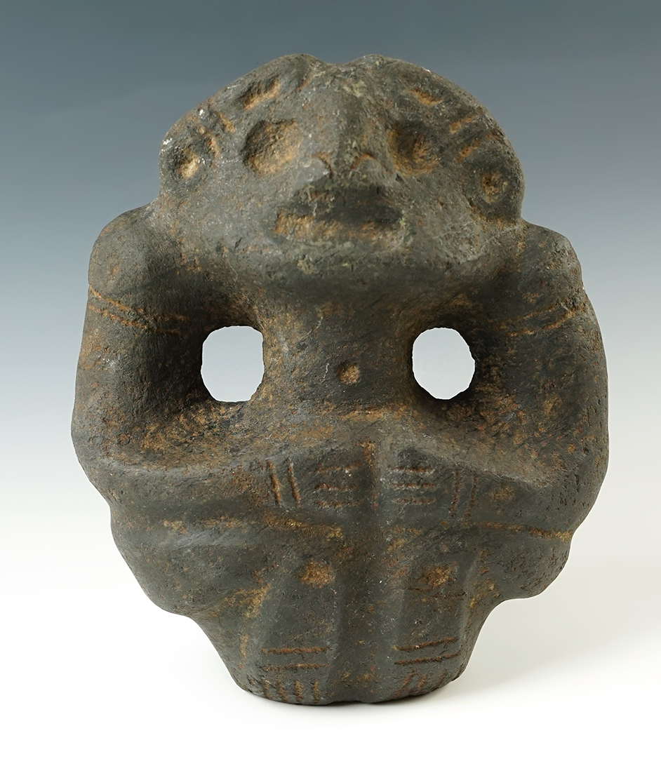 8 1/2" tall by 7 1/2" wide Taino Standing Zemi from black Hardstone. Recovered in Hispaniola.
