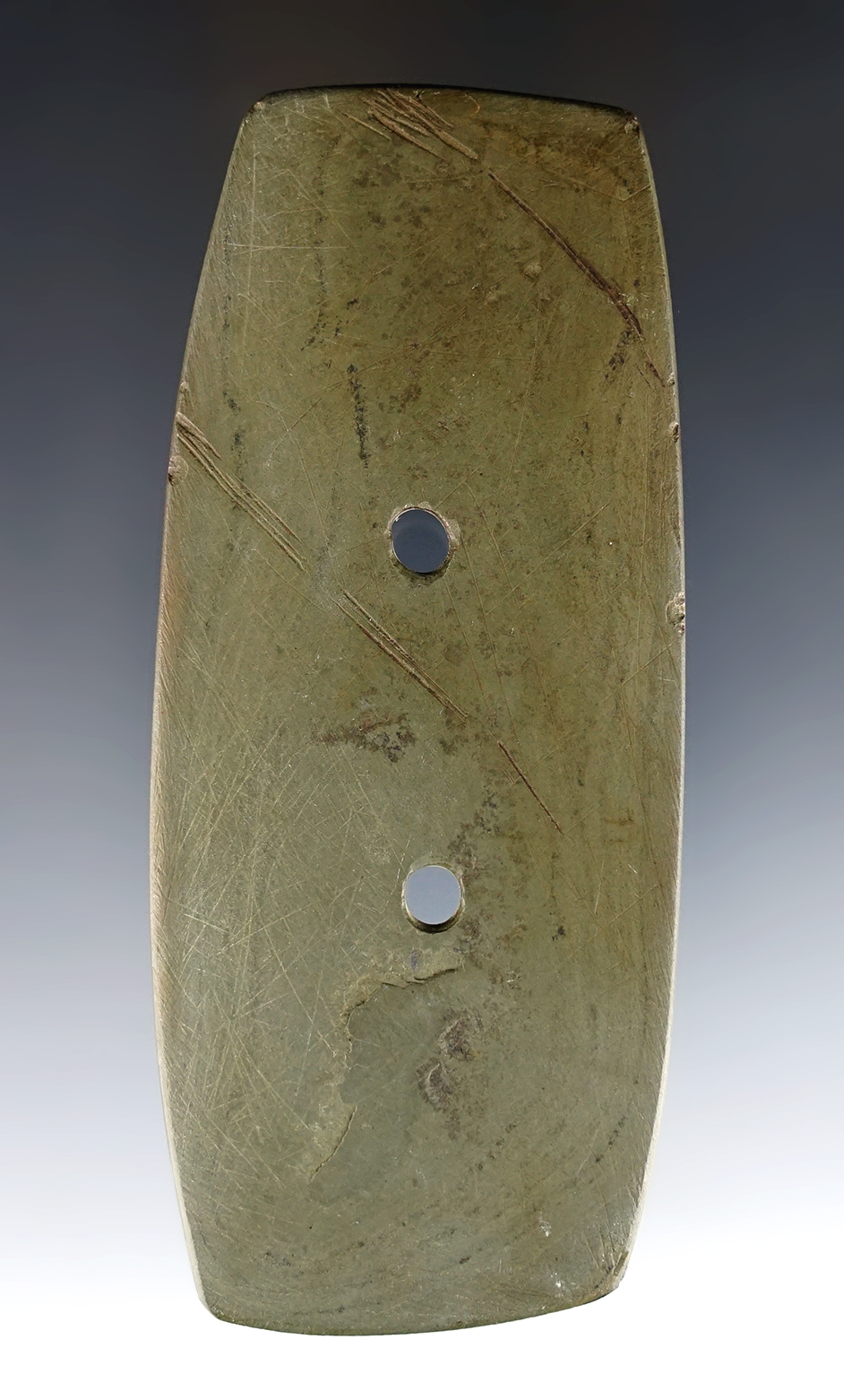 4 7/16" Rectangular Gorget made from mottled Slate. Ex. Dave Root (#3803s). Comes COA.